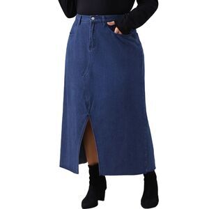 Plus Size Casual High Waisted Front Slit Stretch Midi Denim Skirts Dark Blue